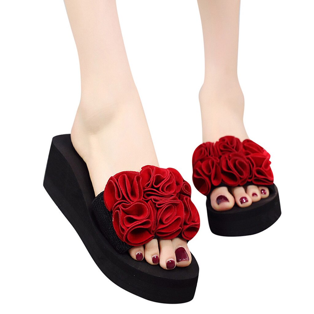 Bohemian Style Flower Thick Soles Slippers Summer Sandalias Non-slip Beach Shoes Home Wedges Slippers Women Zapatos De Mujer: Red / 36