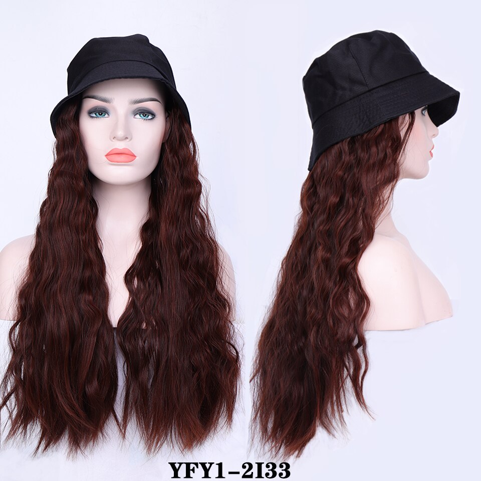 Perruque synthétique longue avec cheveux ondulés/lisses et chapeau bob noir avec extension capillaire: P1b/27