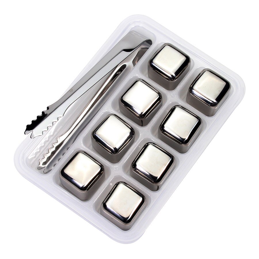 Stainless Steel Ice Cubes Reusable Whiskey Wine Freezing Cubes Chiller Drink Multifunction Eco-Friendly Party Bar Cooler Tools: 8 Pcs with Tongs