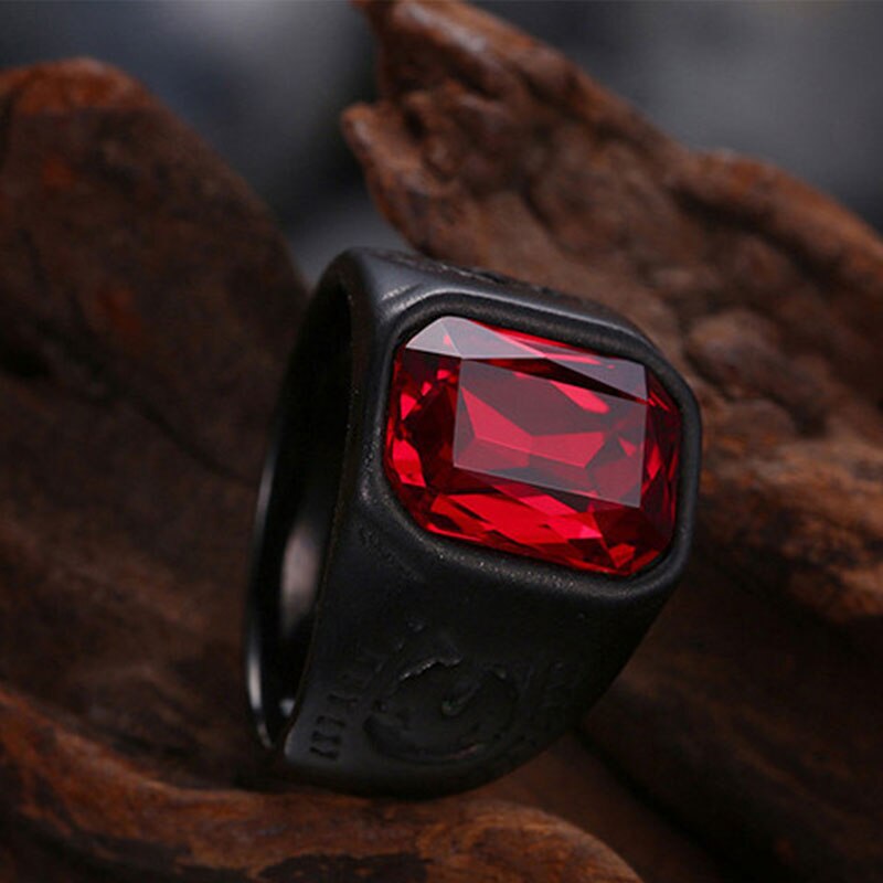 Anillo de boda gótico Punk para hombre y mujer, sortija de boda con piedra roja, cristal negro, para ,
