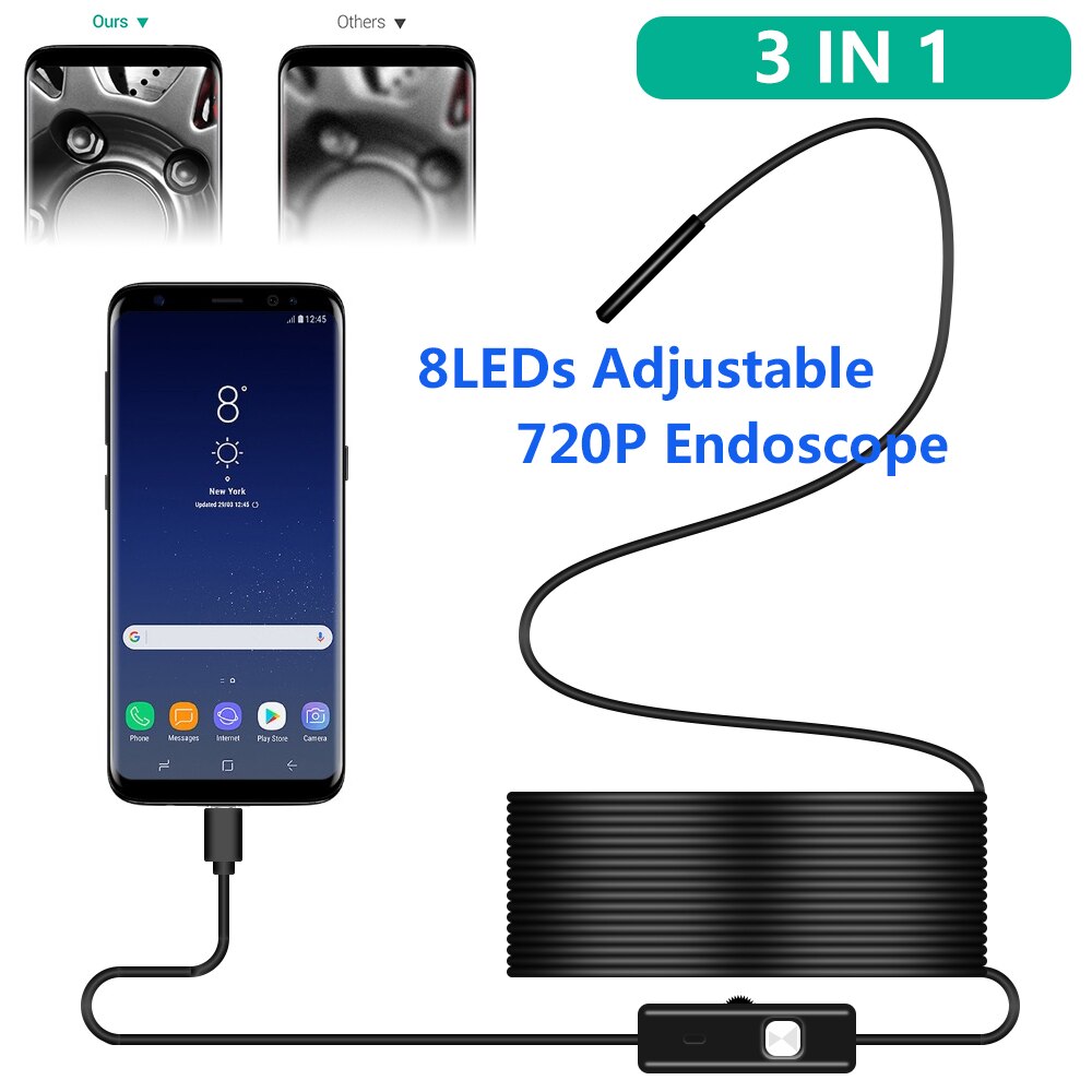 3 In 1 Endoscope Camera Flexible IP67 Waterproof Micro USB Inspection Borescope Camera for Android PC Notebook 8LEDs Adjustable