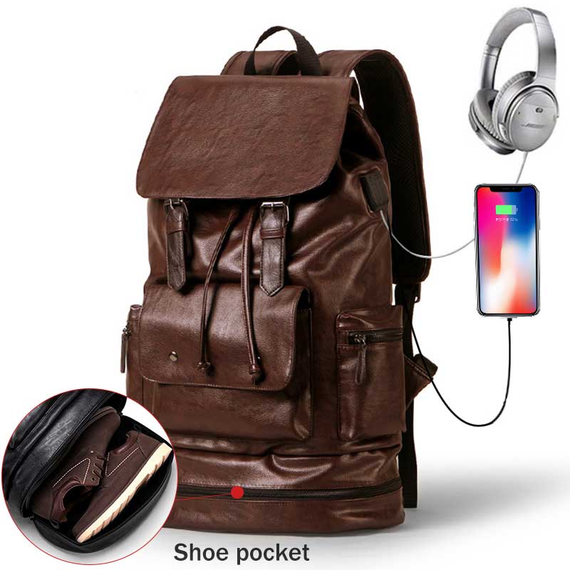 Anti Theft Men Backpack with Shoe Pocket Male Laptop Backpack PU Leather Black Travel Backpack Waterproof Travel Bag for Men: 4