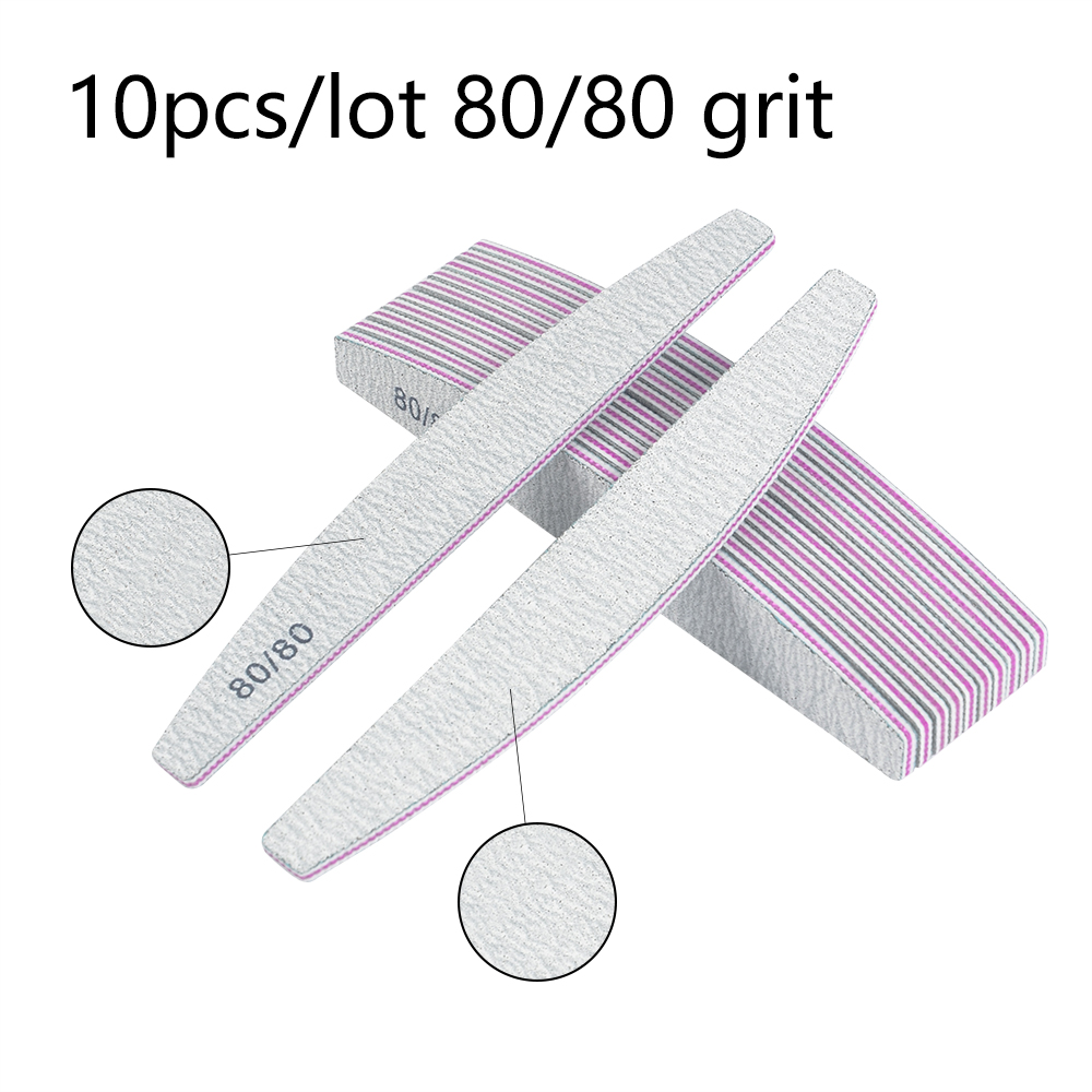 Dubbelsidig nagelfil 80/100/180 sandpappersmaterial nagelslipning polerfilar halvmåne manikyrutrustningsverktyg: 10 st 80 grus