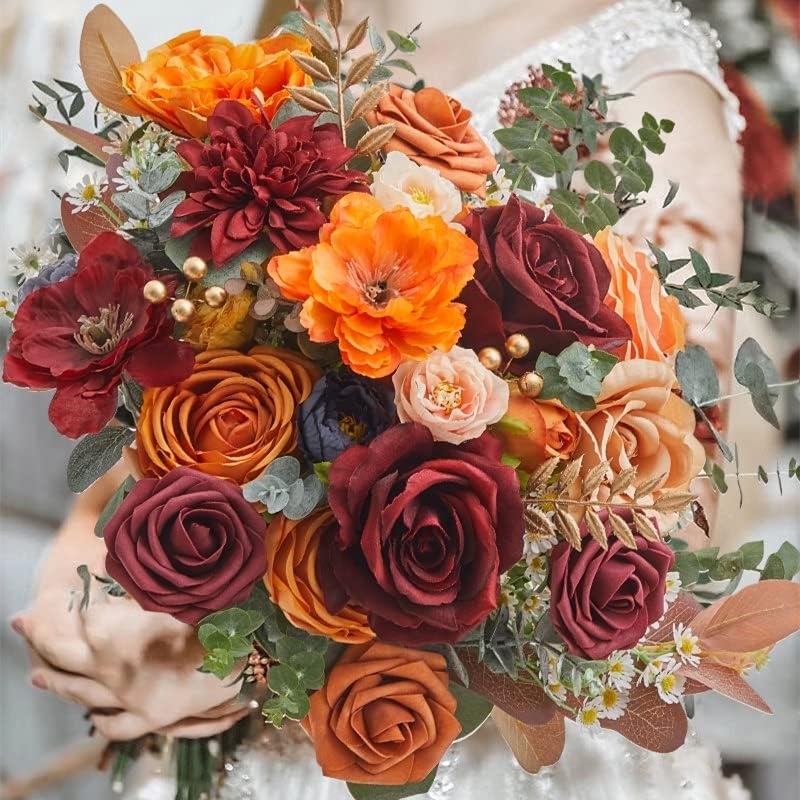 Caja combinada de flores artificiales de rosas naranjas, ramo de novia, decoraciones DIY para exteriores/interiores, flores decorativas para festivales