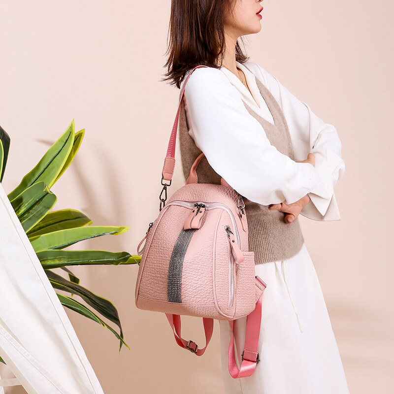 Women's Double zipper backpack leather backpack casual backpack PU high-grade leather bag lady travel bag suitable for girls