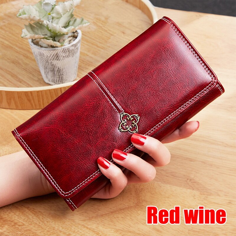 Damski – portefeuille en cuir pour femmes, pochette longue en cire d'huile,: red wine