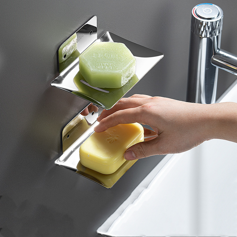 Porte-savon en acier inoxydable, porte-savon de salle de bains avec vidange d'eau, sans perçage, boîte à savon murale, accessoires de salle de bains