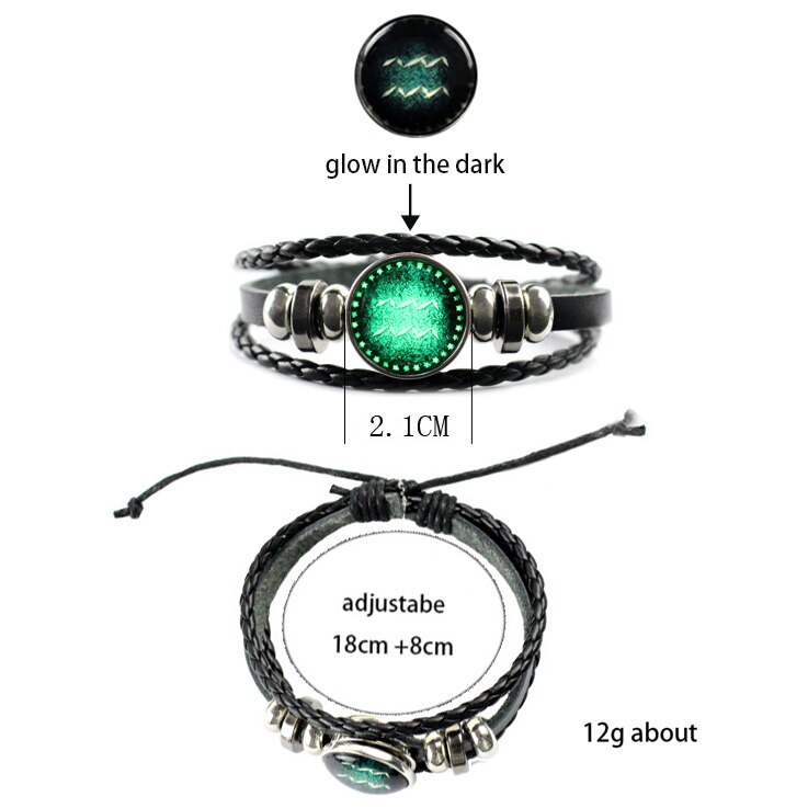 Luminous 12 Constellation Glow In The Dark Bracelet Men Leather Glowing Night Fluorescence Charm Bracelets for Halloween