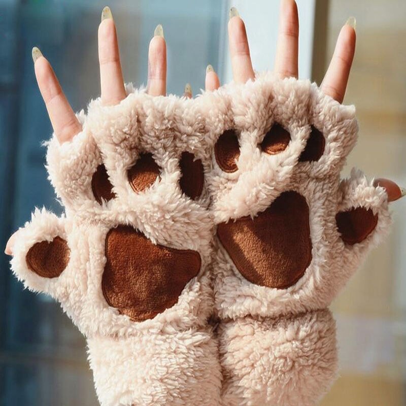 Guante de felpa de garra zarpa de gato para mujer, cálido, para invierno, guantes de medio dedo, guantes de mujer: Beige