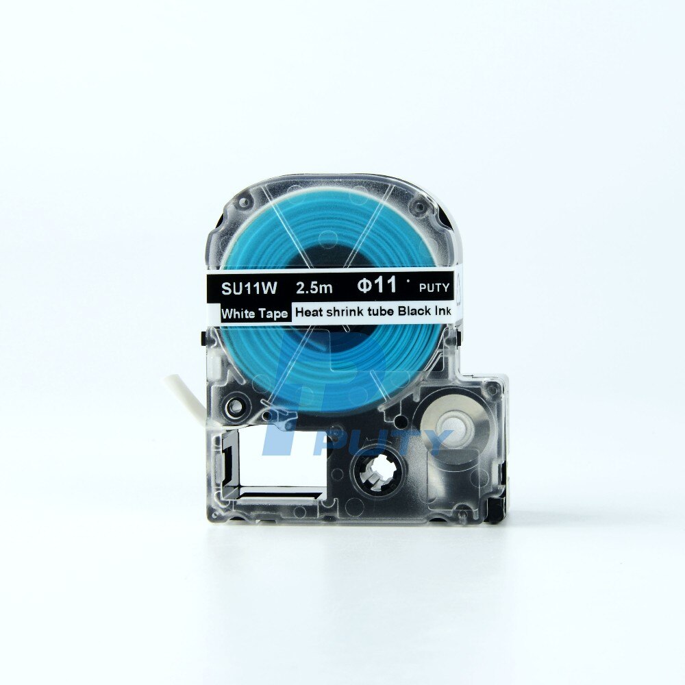 Shrink Tube Label Tape - 11mm x 2.5m - SU11W/SU11Y - Compatible with Kingjim - Heat Shrink Tubes: Black on WhiteSU11W