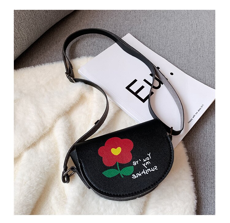 Cartoon Regenboog Kinderen Mini Crossbody Bag Pu Leer Baby Kids Smile Bloem Portemonnee Leuke Jongens Meisjes Accessoires Tas: flower black