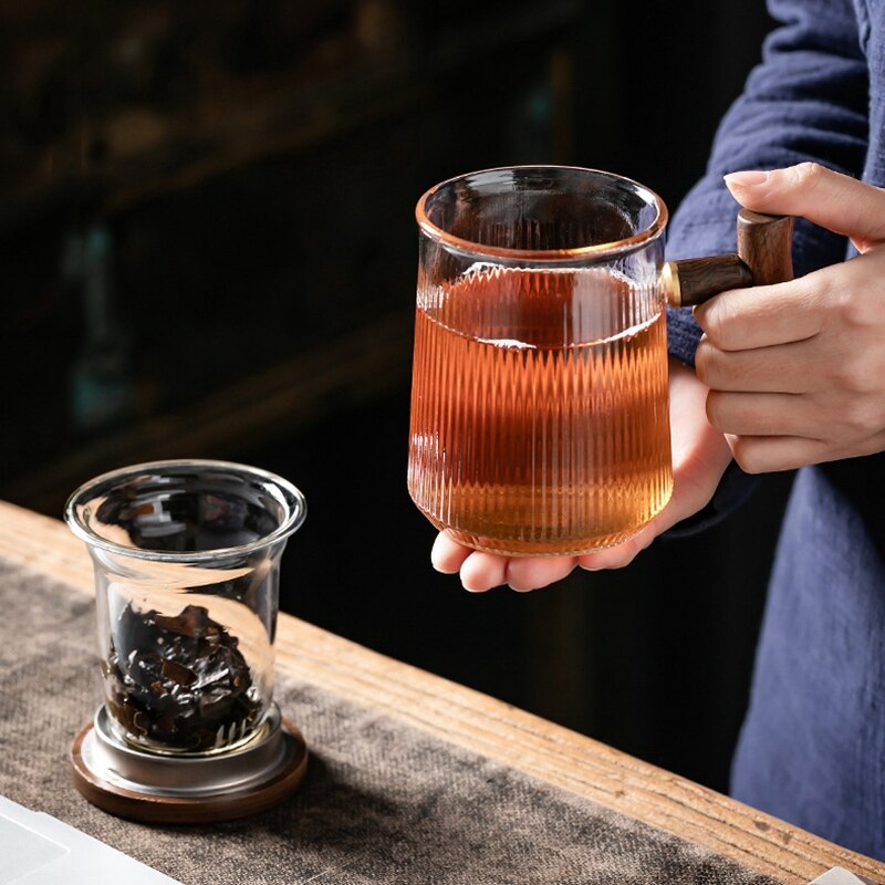 Tasse à thé en verre Borosilicate avec poignée en bois, avec couvercle, filtre, résistant à la chaleur, tasse à café, pour la cuisine et le bureau