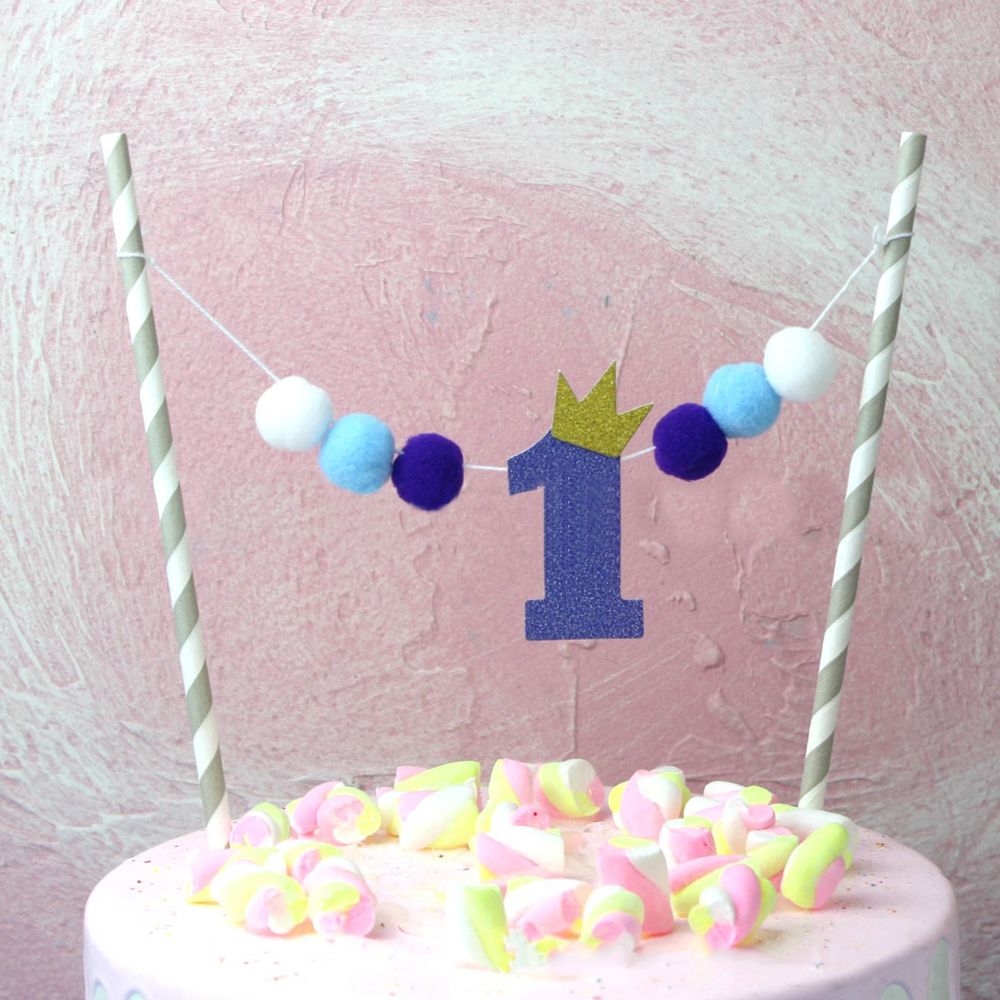 1 pc søde et år gamle pompom kage topper håndlavet halm indsætte flag til fødselsdagsfest baby shower dekor forsyninger: Blå