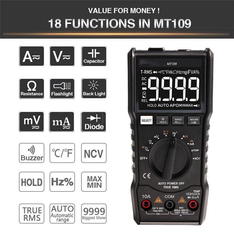 Digital Multimeter 9999 Counts High Speed Auto Range Tester Intelligent NCV True RMS Temperature Universal Multimetro: MT109 9999 Counts