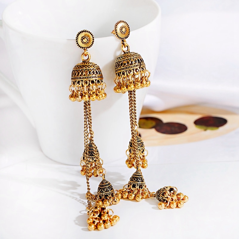 Ethnic Gold Afghan Long Tassel Bead Earrinngs Bollywood Jewellery Bell Jhumka Indian Earrings Wedding Jewelry