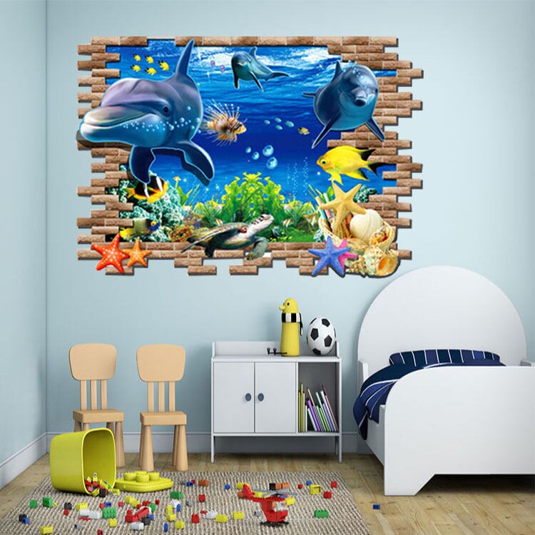 Pegatina de vinilo extraíble 3D de delfines del océano para pared, decoración del hogar de guardería para niños,