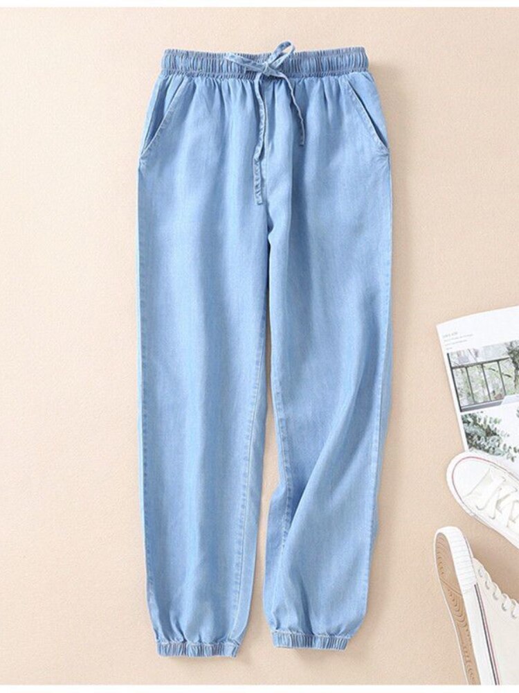 Jean d'été en soie glacée pour femmes, pantalon Harem, taille haute, ample, mince, élastique, classique: Bleu clair / S