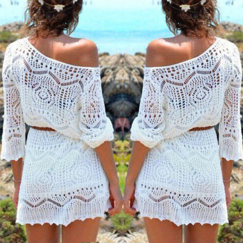 Frauen Damen Spitze Häkeln lässig Kleid Sommer Kleidung Abdeckung hoch Bademode Badeanzug Sommer Bademode