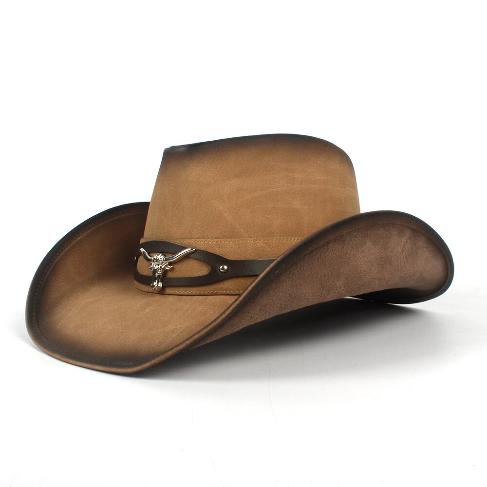 100%  vestlige cowboy hat til læder mænd til far gentleman sombrero hombre jazz caps størrelse 58-59cm: Khaki 3