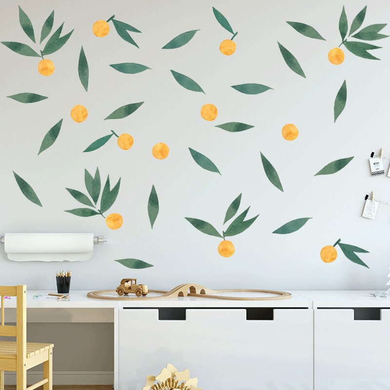 Geel Fruit Met Groen Blad Muursticker Home Decoratie Behang Voor Kid 'S Woonkamer Slaapkamer Achtergrond Decor Muurtattoo