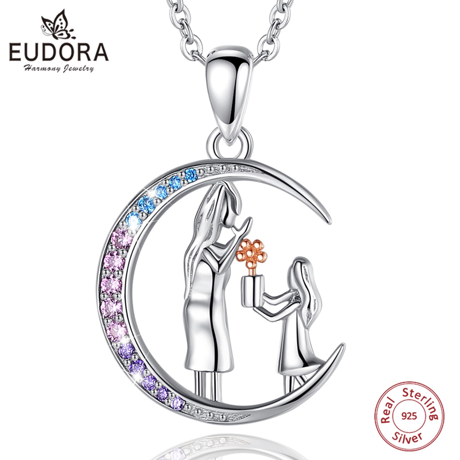 Eudora Echt 925 Sterling Zilveren Moeder Anddaughter Roze Kristal Maan Ketting Bloem Hanger Mode-sieraden Voor Moeder 697