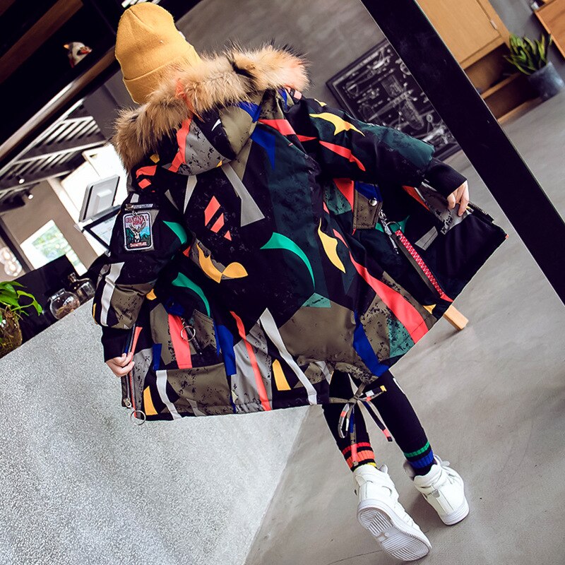 Abrigo largo de algodón grueso y cálido de invierno para niños, ropa de abrigo para niños, chaquetas con cuello de piel estampadas para bebés de 100-150cm