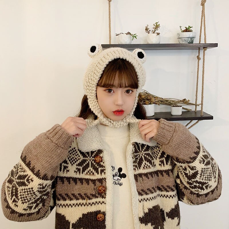 Gorro de punto de ganchillo para mujer, gorro bonito de rana, disfraz, de Hip-hop, accesorios de fotografía para de invierno: beige