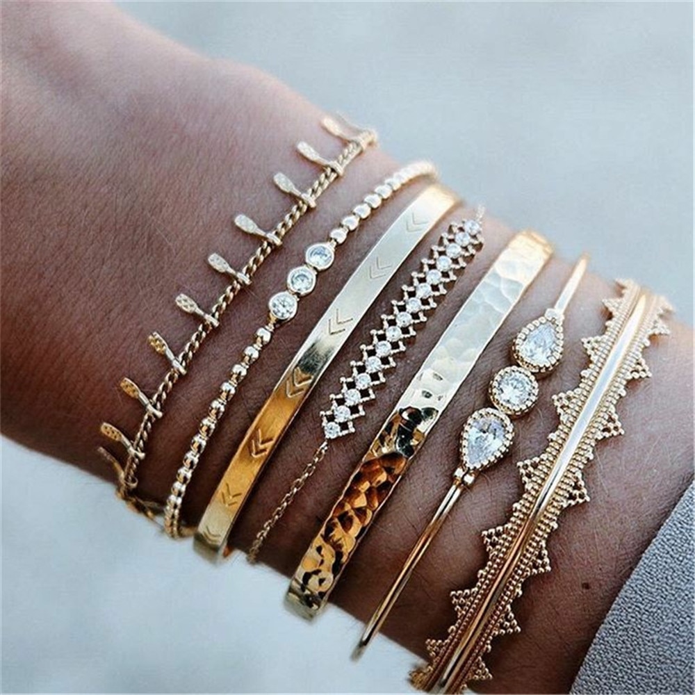Vintage Gold Crystal Geometrische Hollow Armbanden & Bangles Voor Vrouwen Boho Verstelbare Meerdere Lagen Armband Set Sieraden