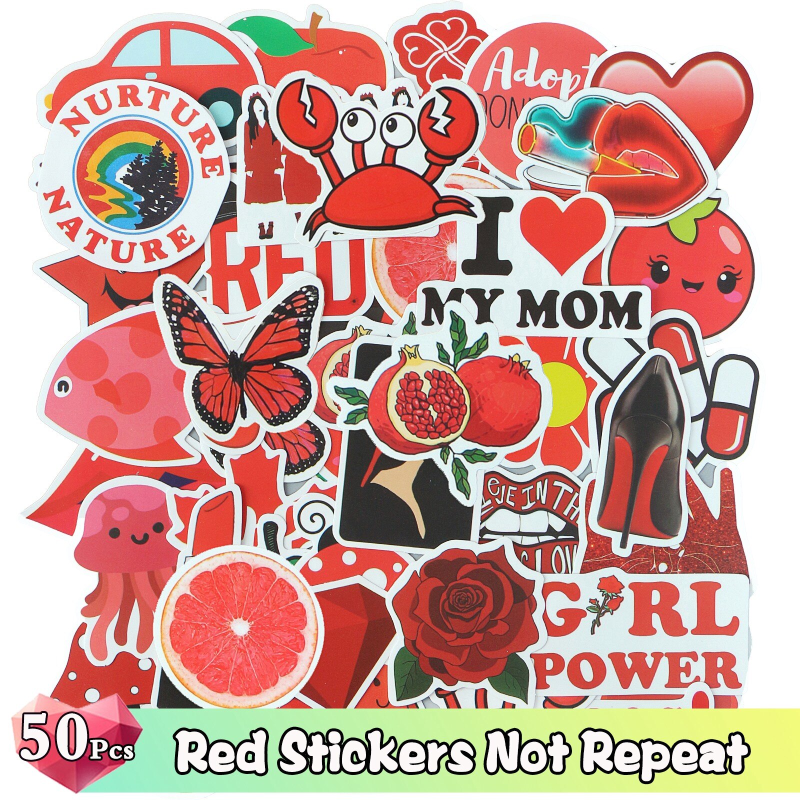 52/50 Pcs/Lot Color Stickers Graffiti Cartoon Animal Super Hero Sticker for Water Bottle Luggage Notebook Skateboard Kids Toy: Red Stickers