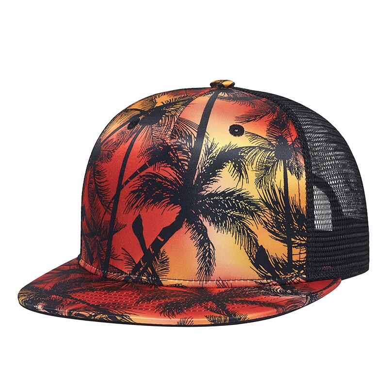 Zomer Mesh Trucker Hoed Voor Mannen Kokospalm Print Platte Rand Hip Hop Baseball Cap Vrouwen Rood snapback Zonnebrandcrème Hoed: WE006