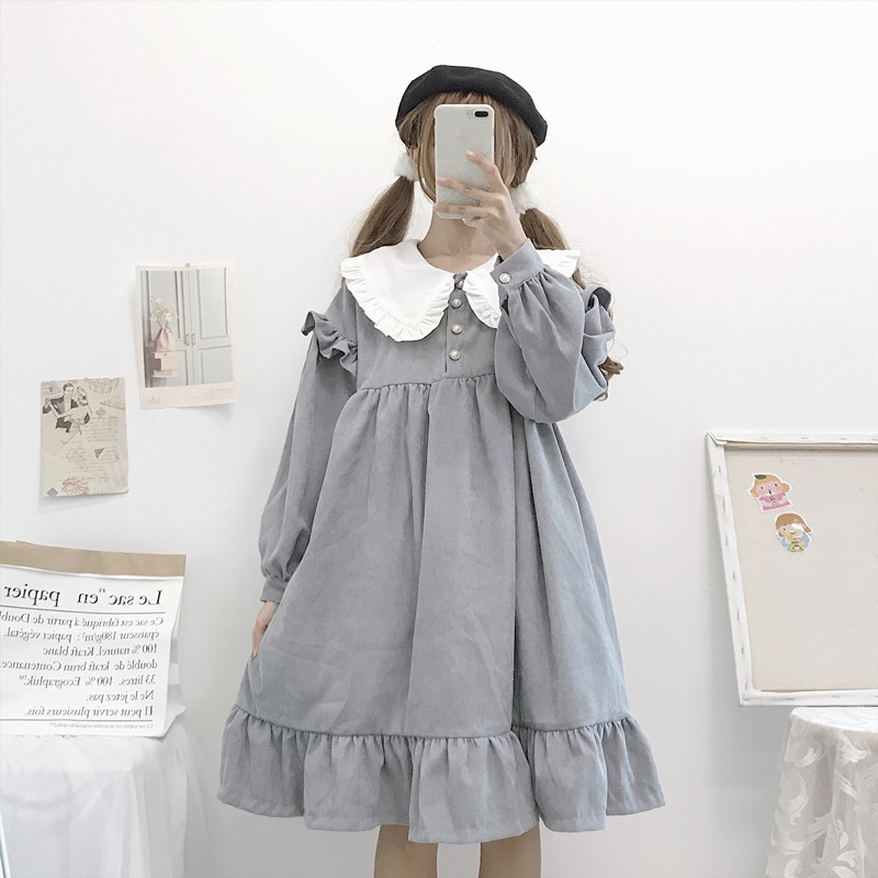Lolita-robe quotidienne japonaise Kawaii, tenue quotidienne, col de poupée, manches longues ample, à volants, style rétro, automne hiver