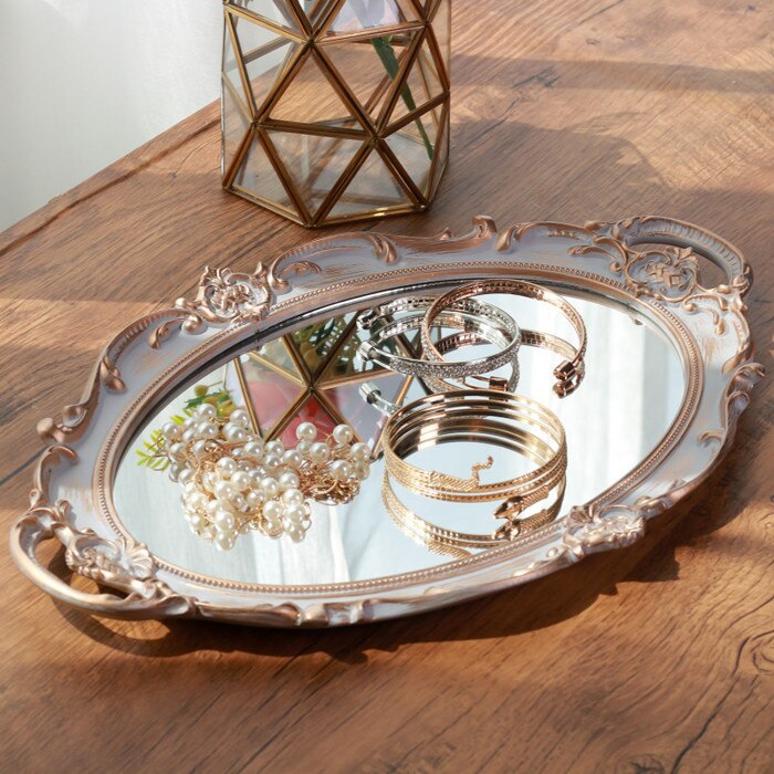 Europæisk retro spejl bakke toiletbord smykker kosmetisk opbevaringsbakke dekoration display bakke dekoration hjem  qt328245: B