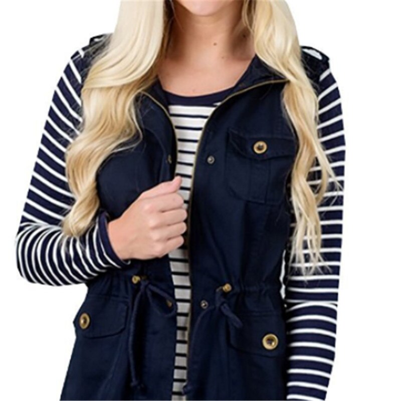 Womens Olive Cargo Utility Safari Vest with Pockets Drawstring Army Top Jacket Coat Autumn Clothes: Blue / S