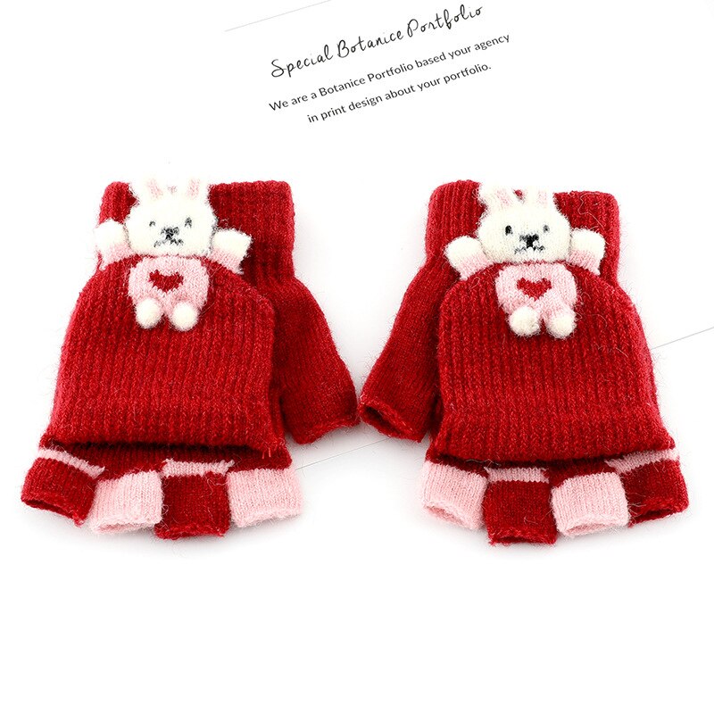Gants d&#39;hiver en tricot pour enfants, motif lapin mignon, mitaines de dessin animé pour filles, doux et chauds, sans doigts, pour bébé de 2 à 7 ans: red