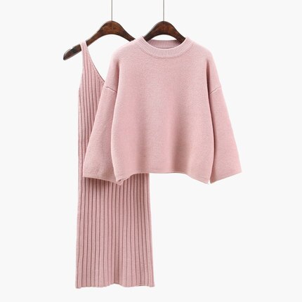 Losse Trui pak Vrouwen Mode tweedelige Jurk Effen kleur Trui Gebreide Jurk Ronde hals Mid lange Vrouwelijke Knit jurk DD856: Pink