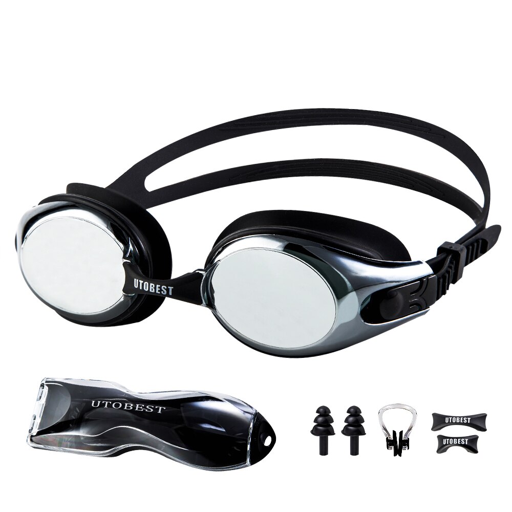 Svømningsbriller voksne vandtætte svømme silikone anti-tåge belagt vand diopter justerbar svømmebriller pool gla: Sølv