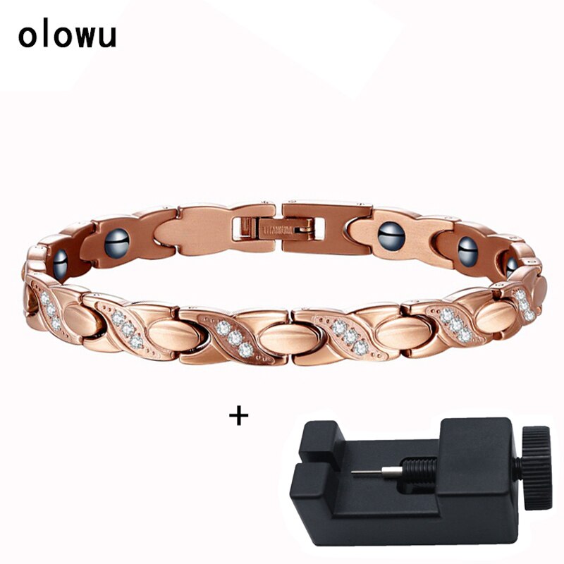 Olowu Frauen Edelstahl Zirkon Energie Armbinde Rose Gold knapp X Geformt Energie Gesundheit Magnetische Germanium Armbänder 19 cm