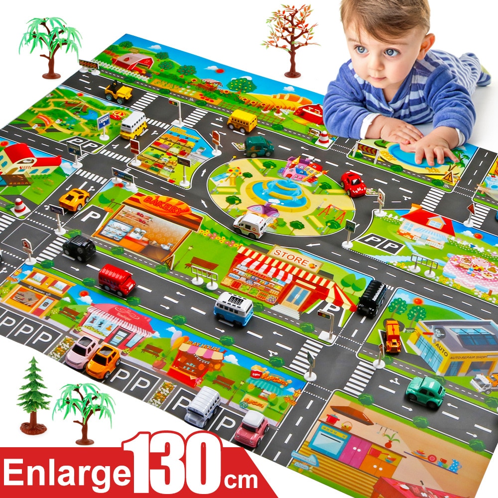 Utrikeshandel gränsöverskridande 130*100 rena engelska barn leker hus trafik bil spel matta parkering scen karta