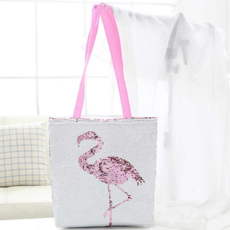Ins enhjørning stil magisk vendbar paillettertaske med burde stropper flamingo og skelet indkøbstaske til piger
