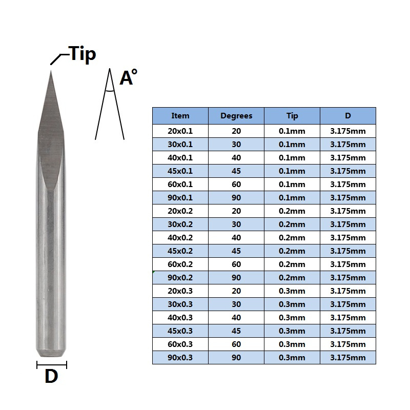 10 Uds broca de grabado CNC brocas de grabado piramidal de 3 bordes vástago de 3.175mm 20-90D fresa de extremo de carburo fresa de broca enrutadora CNC