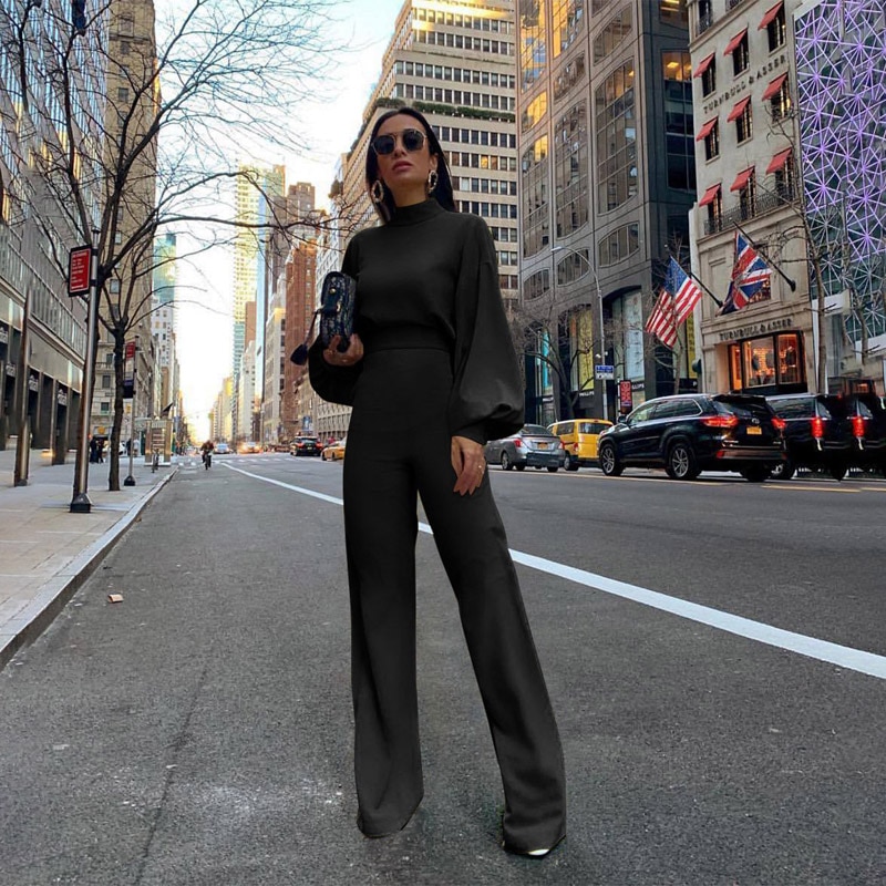 Efterår street langærmet solid sort bodysuit spandex overalls med rullekrave til kvinders barboteuse femme jumpsuits