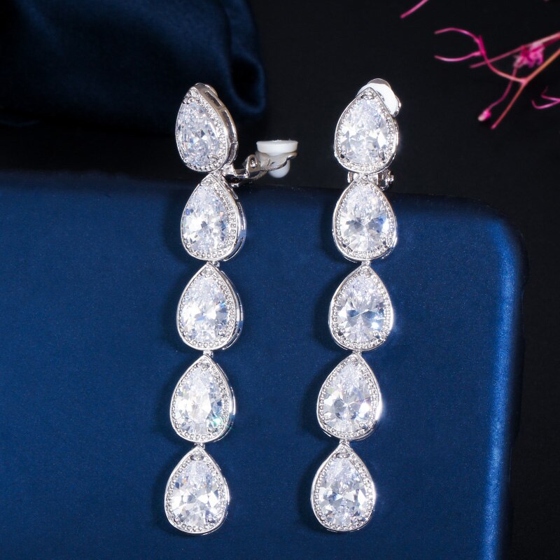 CWWZircons Non Piercing Ear Long Dangle CZ Crystal Clip On Earrings No Pierced Women Wedding Party Costume Jewelry CZ713
