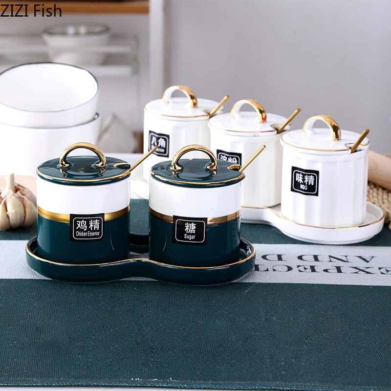 Japansk luksus keramikk krydder krukke sett salt / pepper / sukker lagring krukke ensfarget hjem kjøkken krydder verktøy