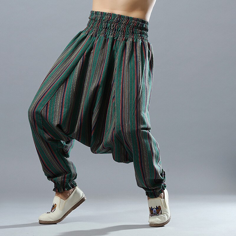 Para Hombre de algodón ropa de bebé hombre Casual Pantalones anchos a rayas Hip Hop pantalones de tiro caído hombres India Nepal pantalones holgados L XL: L / green