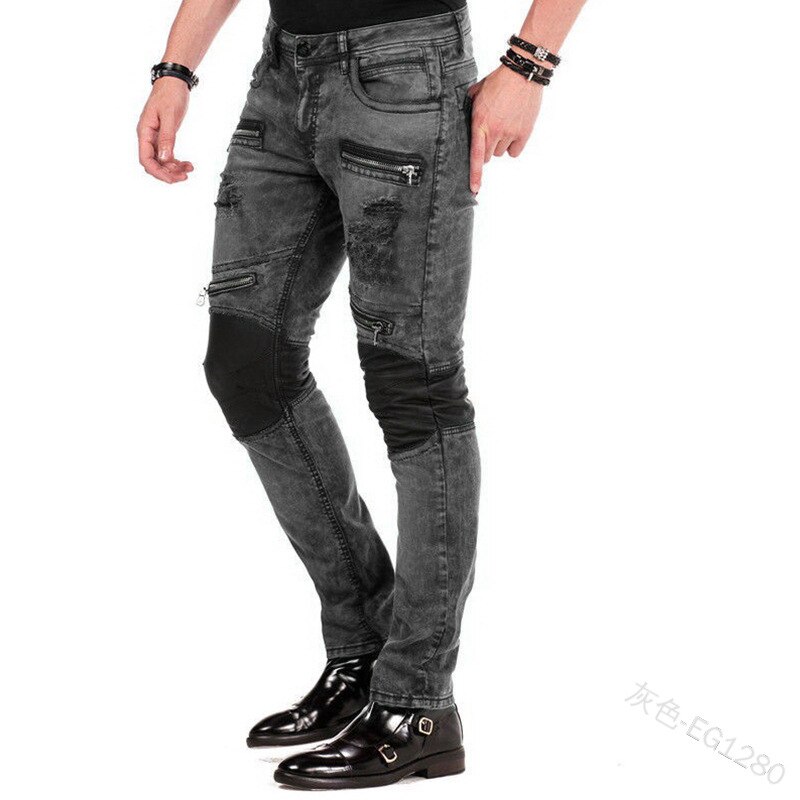 Wepbel punk vintage miehet laihat denim housut useat vetoketjulliset taskut tilkkutäkki rock roll farkut revitty letku denim pitkät housut: Harmaa / Xl