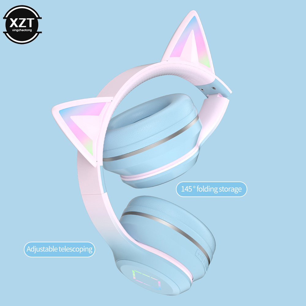 Headset Bluetooth 5.1 Draadloze Gamer Schattige Kat Oor Koptelefoon Met Microfoon Rgb Led Licht Voor Kinderen Pc Gamer Laptop Oordopjes