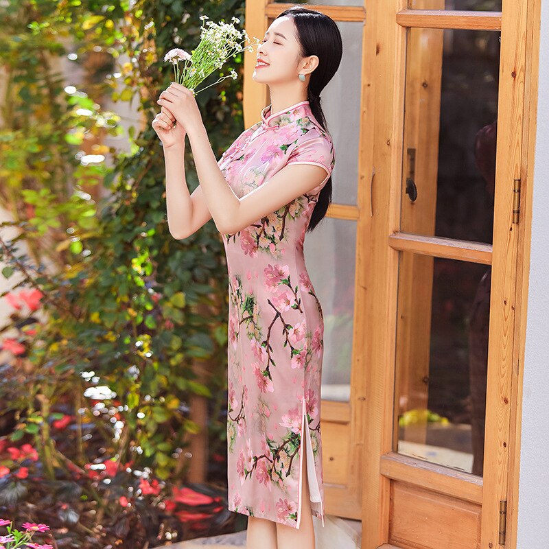Rosa dam plus storlek 3xl nyhet kort kinesisk högtidsklänning kinesisk stil kvinnor mandarin krage qipao vintage rayon cheongsam