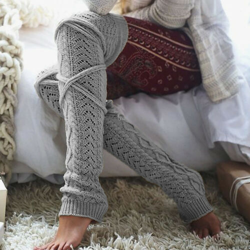 Femmes hiver sur le genou Crochet tricoté bas jambières botte cuisse chaussettes hautes fantaisie Vintage jambières