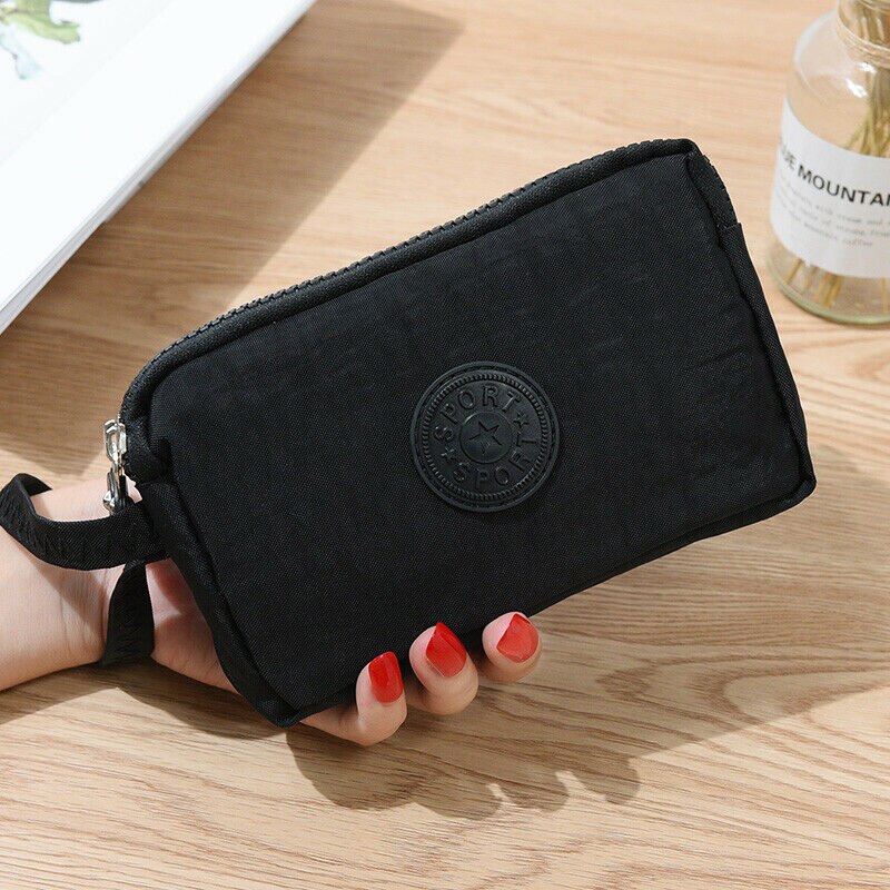 UK Womens Simple Solid Phone Bag Short Wallet Three-Layer Zipper Purse Big Size Purse: Black