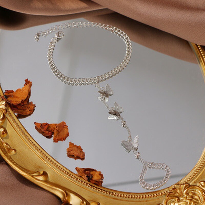 Pulsera de mariposa con anillo para dedo para mujer, cadena de muñeca para mujer, joyería estética , GIifts, anillos de mariposa, pulsera